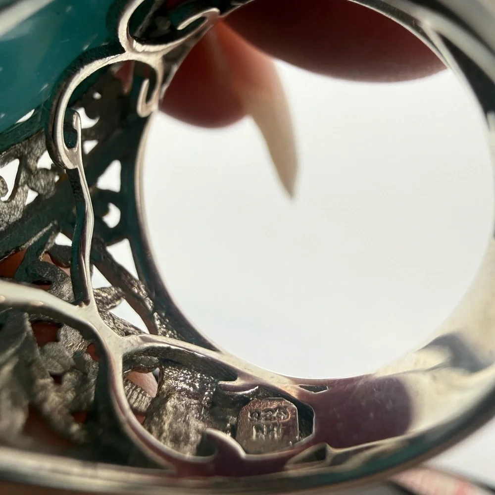 Gems en Vogue Turquoise Cabochon Ring 925 Sterling 18K Accents Size 7.5